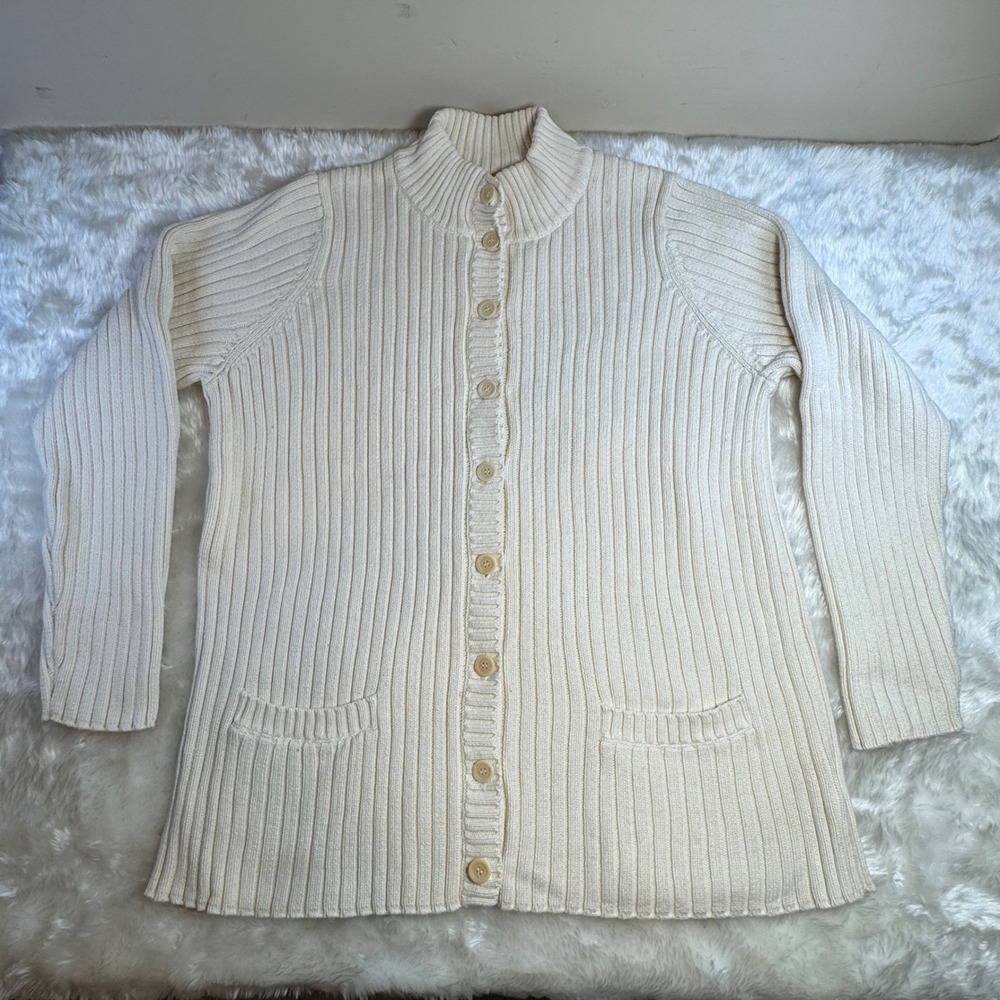 Jones New York Sport 1X Cream Ribbed 100% Cotton Mock Button Cardigan Sweater